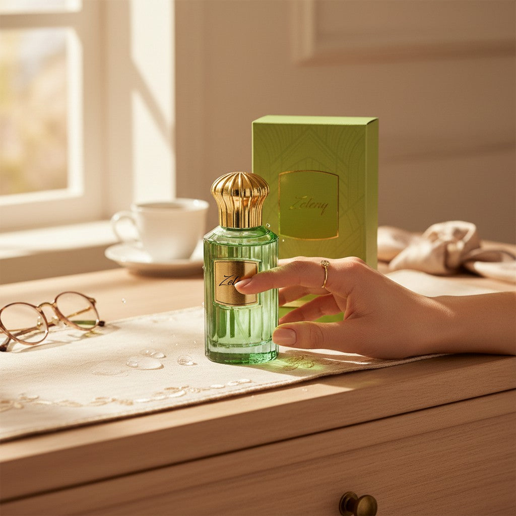 Oud Sera Ahmed Al Maghribi Zeleny perfume bottle with gold cap on a vanity table next to its green box