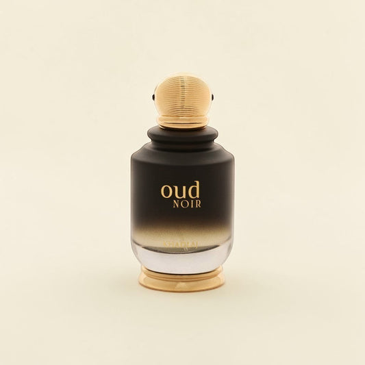 Oud Sera Khadlaj Oud Noir 100ml perfume bottle with a black gradient glass finish and gold cap