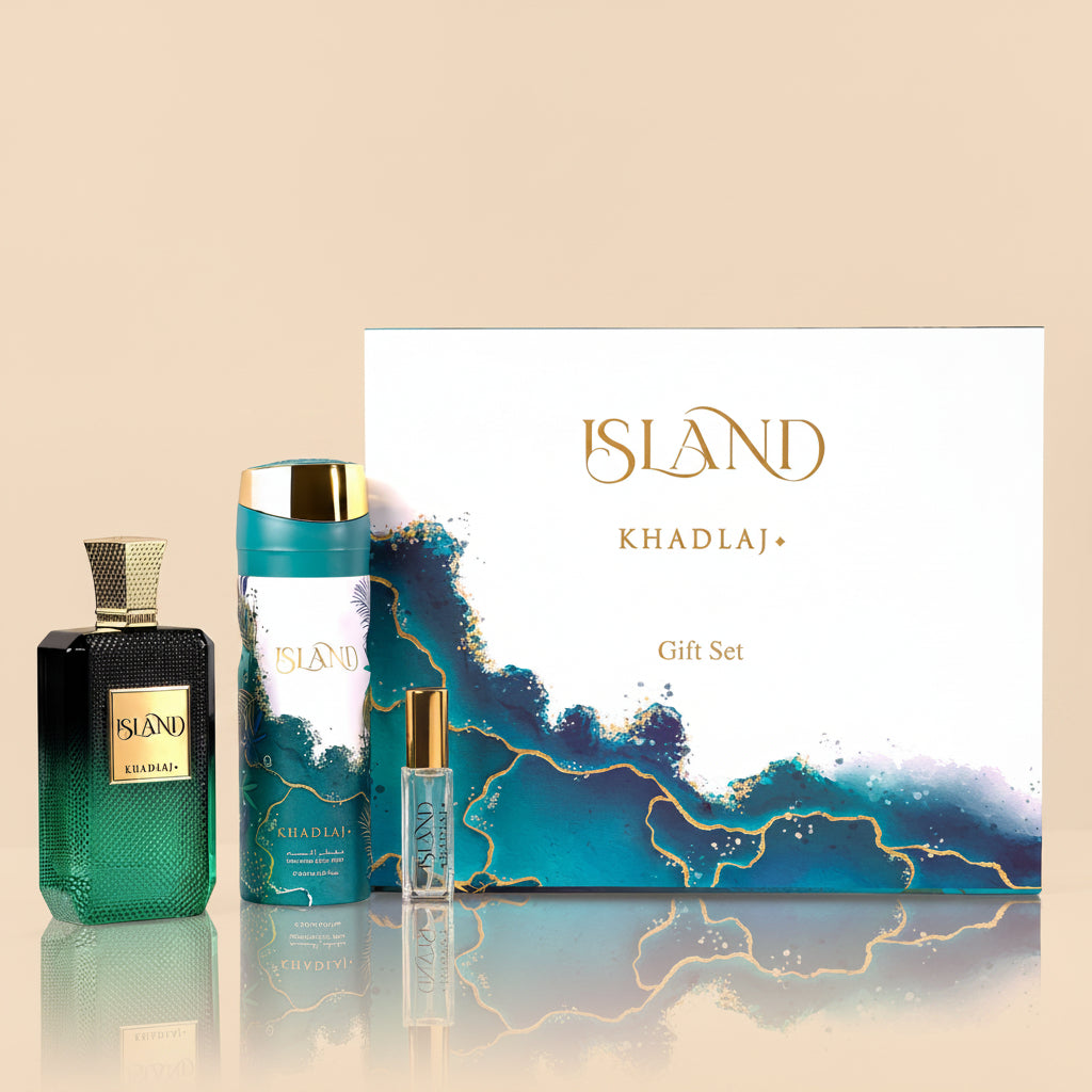 KHADLAJ ISLAND GIFT SET FOR HIM & HER (EDP 100 ML, BODY SPRAY & TRAVEL SIZE EDP 8 ML) - Khadlaj Perfumes