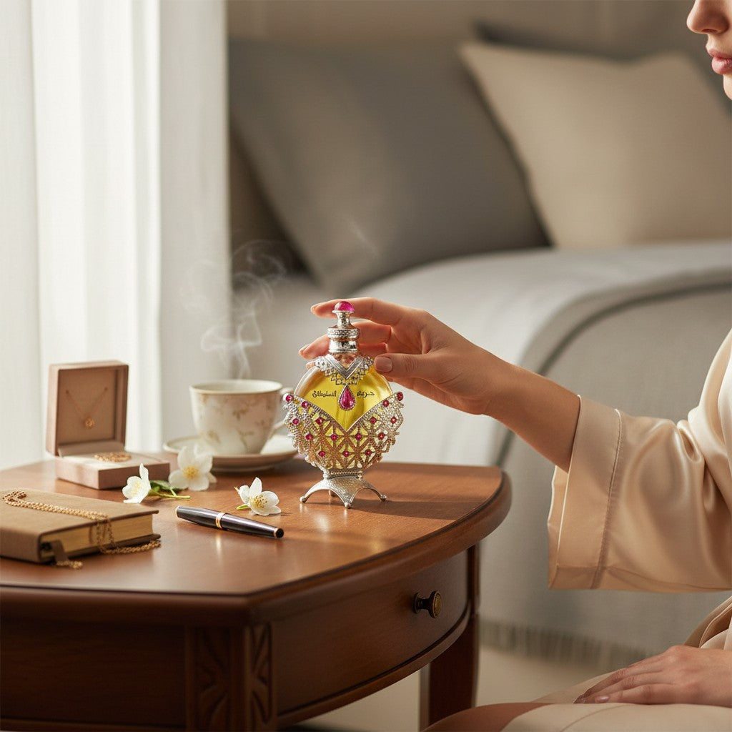 Oud Sera Khadlaj Hareem Al Sultan Silver perfume oil in an ornate silver bottle on a wooden table with a woman's hand