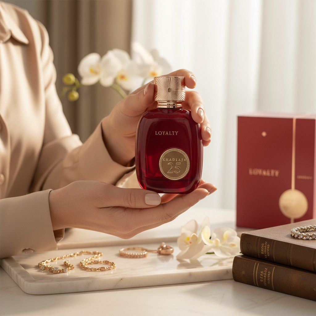 Oud Sera Khadlaj 25 Loyalty perfume bottle in deep red glass with gold accents held in hands on a marble tray