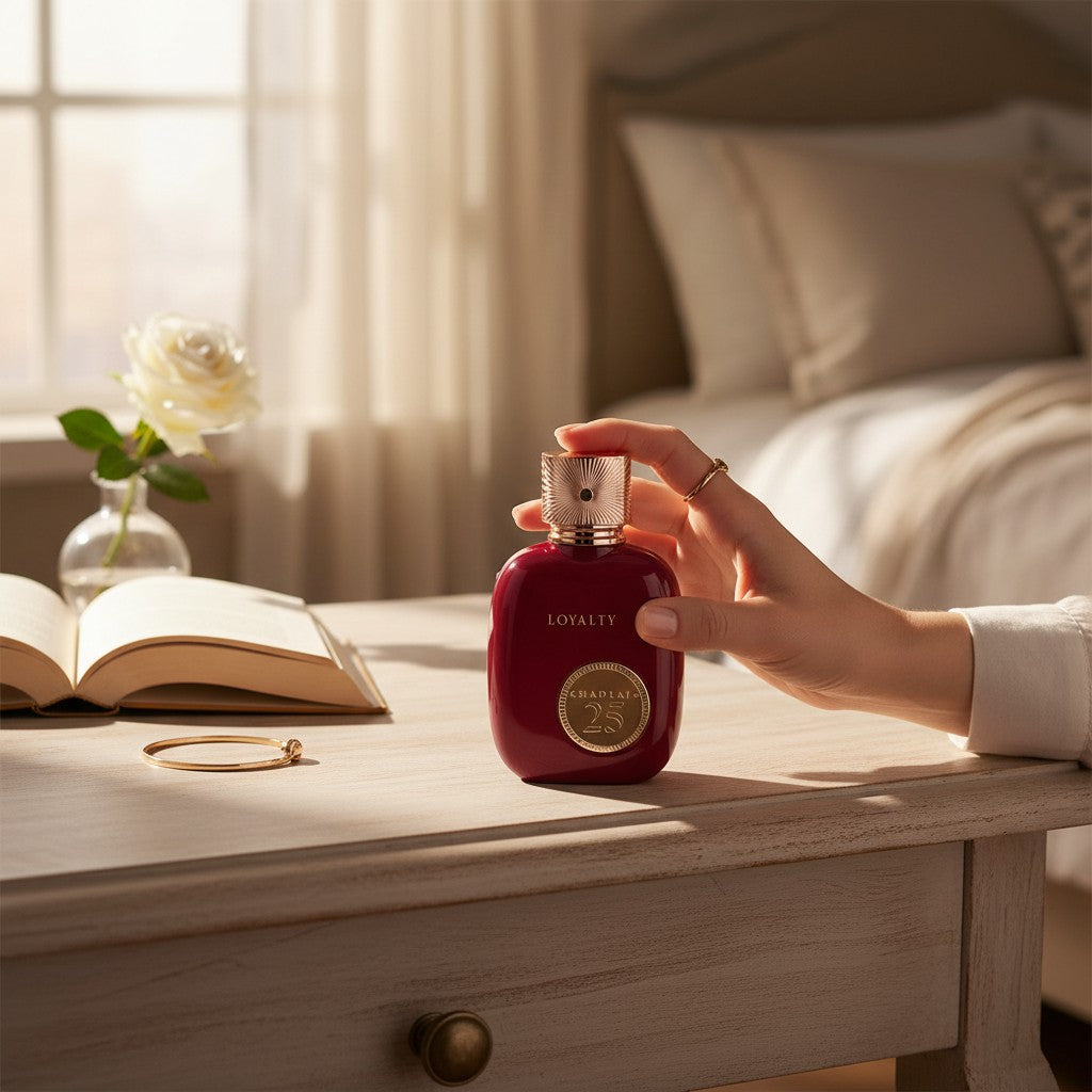 Oud Sera Khadlaj 25 Loyalty perfume bottle in deep red held by a hand on a wooden table with a book and white rose.