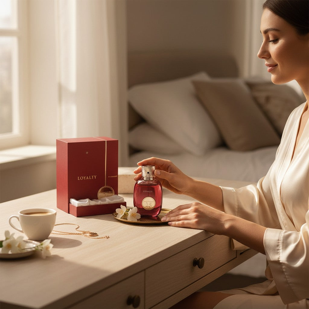 Oud Sera Khadlaj 25 Loyalty perfume bottle on a vanity table with a woman in a soft robe in a sunlit bedroom.
