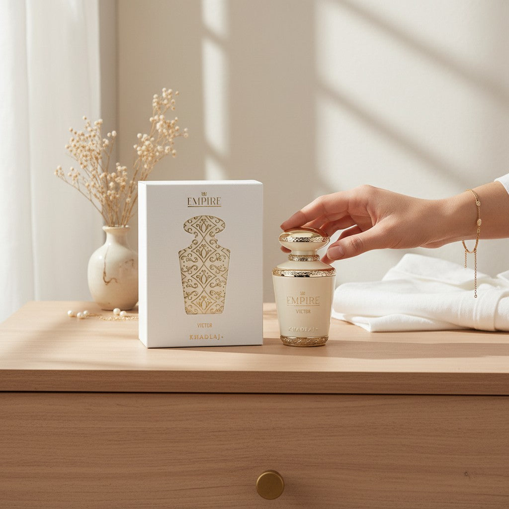 Oud Sera Khadlaj Empire Victor perfume bottle and white gift box with gold ornate detailing on a wooden table.