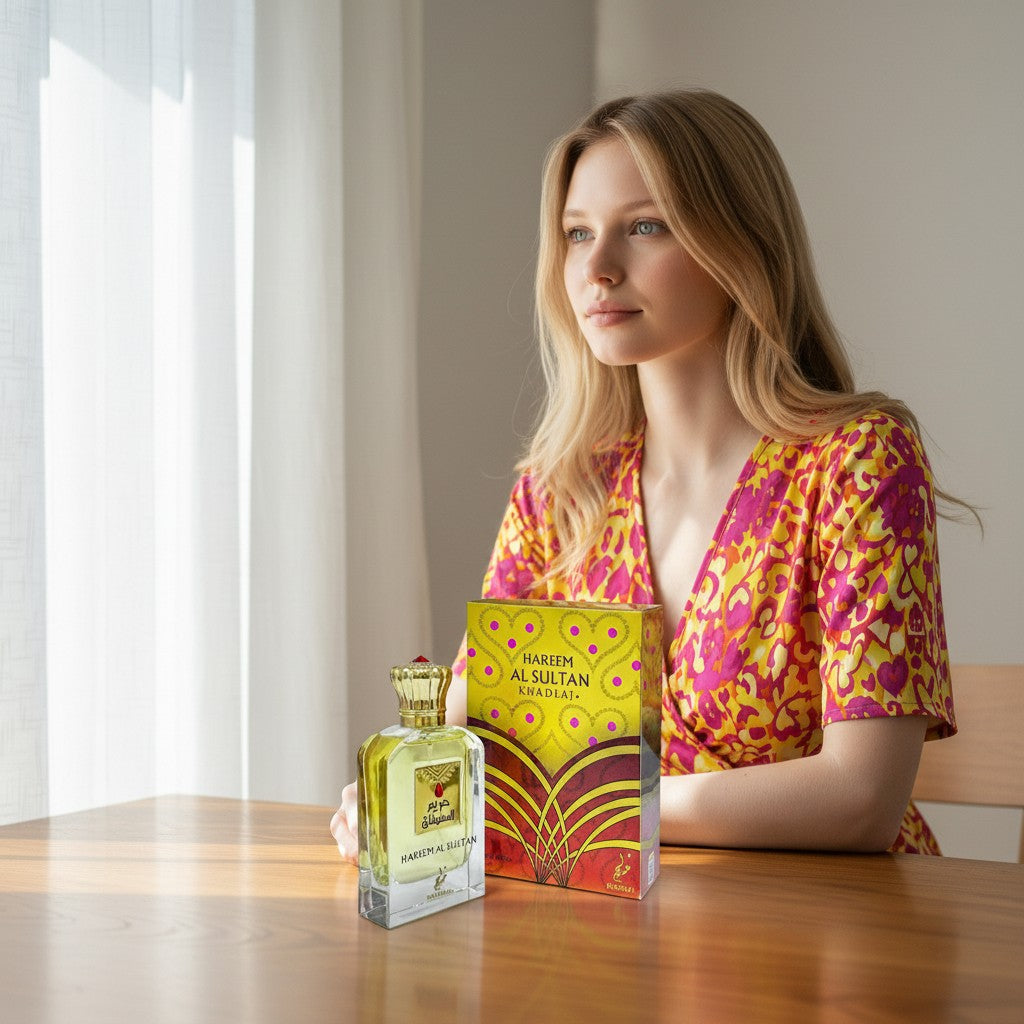 Oud Sera Khadlaj Hareem Al Sultan perfume bottle and box on a wooden table with a woman in the background