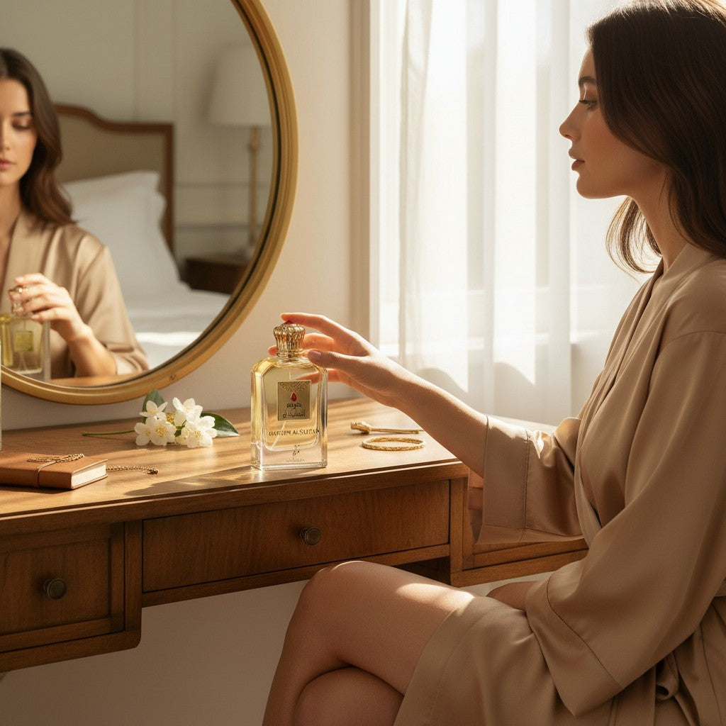 Oud Sera Khadlaj Hareem Al Sultan perfume bottle on a wooden vanity with a woman in a beige robe reflecting in a mirror
