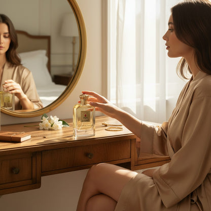 Oud Sera Khadlaj Hareem Al Sultan perfume bottle on a wooden vanity with a woman in a beige robe reflecting in a mirror