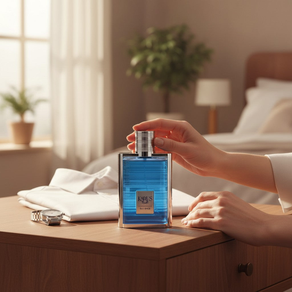 Oud Sera Khadlaj Karus Blu Spice perfume bottle held by a hand on a wooden table with a white shirt and watch nearby.