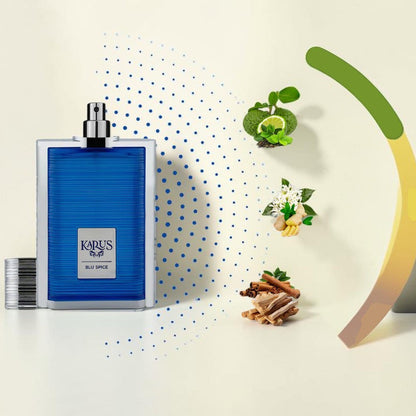 Oud Sera Khadlaj Karus Blu Spice perfume bottle with tea, bergamot, neroli, ginger, and cinnamon scent note illustrations