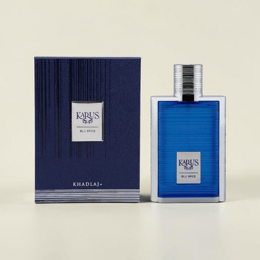 Oud Sera Khadlaj Karus Blu Spice 100ml perfume bottle and matching blue textured box on a neutral background