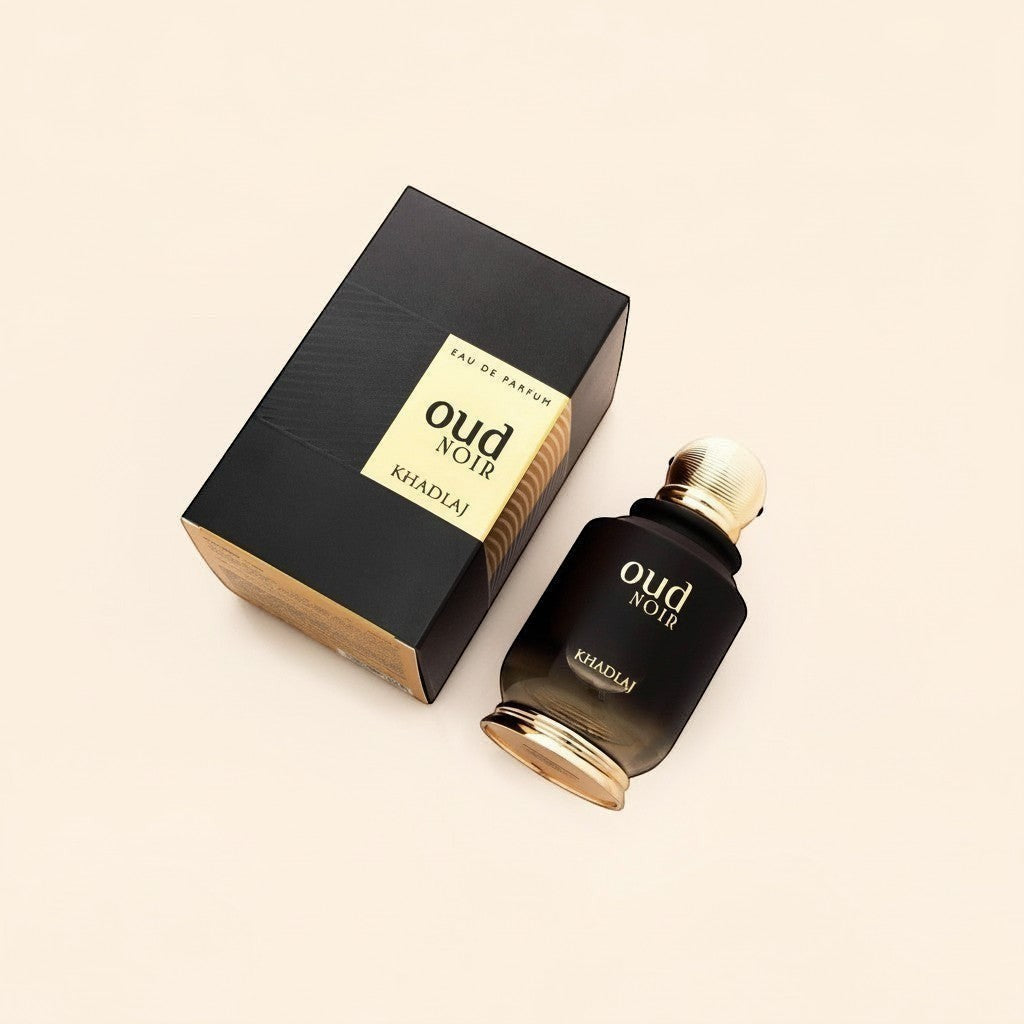 Oud Sera Khadlaj Oud Noir perfume bottle and black box packaging on a light background