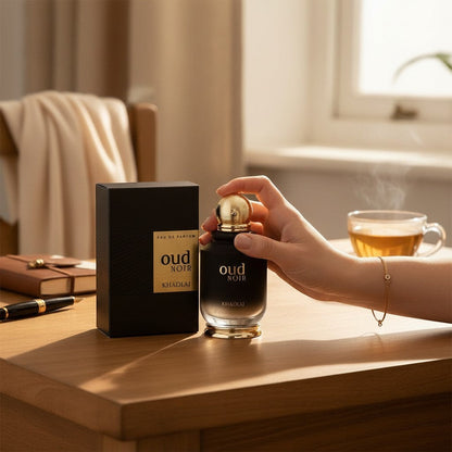 Oud Sera Khadlaj Oud Noir perfume bottle and box on a wooden desk with a hand reaching for the luxurious fragrance.
