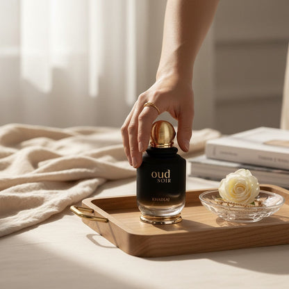 Oud Sera Khadlaj Oud Noir perfume bottle in matte black with gold cap on a wooden tray with a white rose.