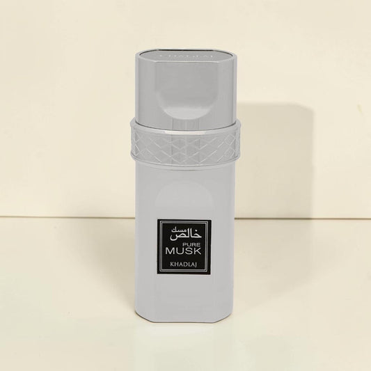 Oud Sera Khadlaj Pure Musk perfume bottle in a sleek silver metallic finish with a textured cap detail.