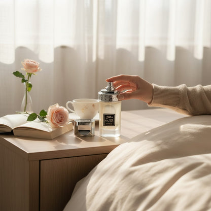 Oud Sera Khadlaj Pure Musk perfume bottle held by a hand on a bedside table with a rose, book, and soft lighting.