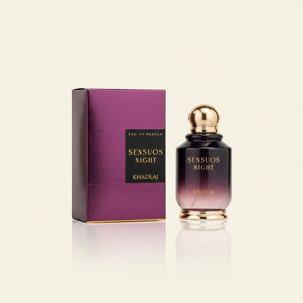 Oud Sera Khadlaj Sensuos Night perfume bottle and purple box with gold accents on a reflective surface