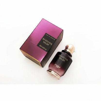 Oud Sera Khadlaj Sensuos Night perfume bottle and purple gradient box on a white background