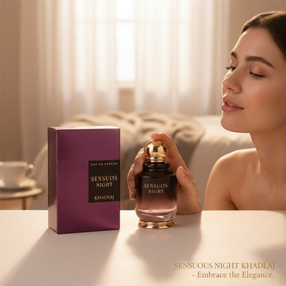Oud Sera Khadlaj Sensuos Night perfume bottle and purple box with a woman in a soft-focus bedroom setting.