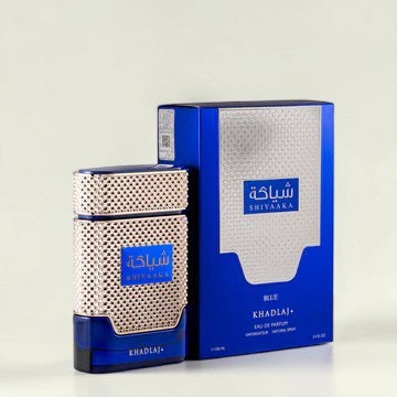 Oud Sera Khadlaj Shiyaaka Blue eau de parfum bottle and box with metallic silver and deep blue design for men