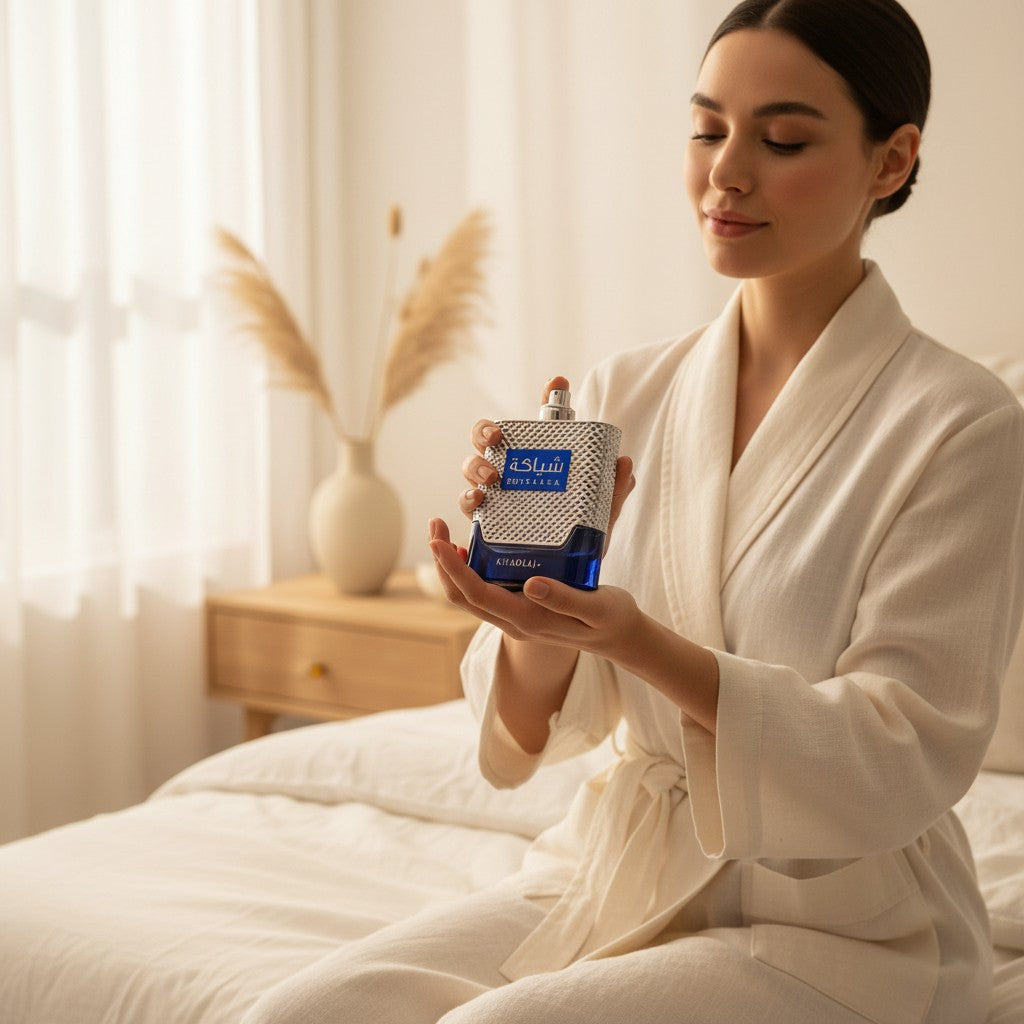 Oud Sera woman in a white robe holding a Khadlaj Shiyaaka Blue perfume bottle with a blue and silver textured design.