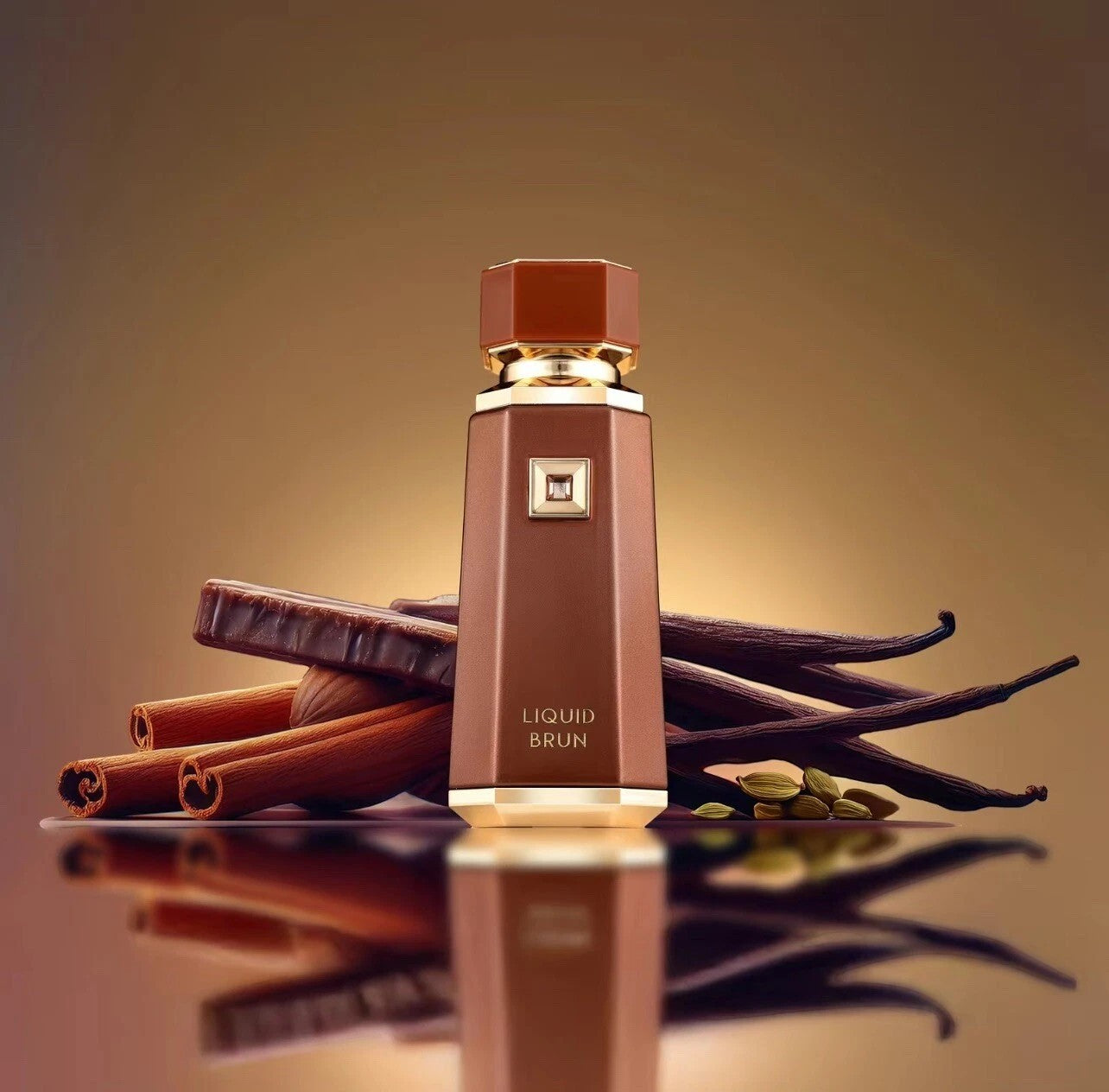 Oud Sera French Avenue Liquid Brun unisex perfume bottle surrounded by cinnamon sticks and vanilla beans.