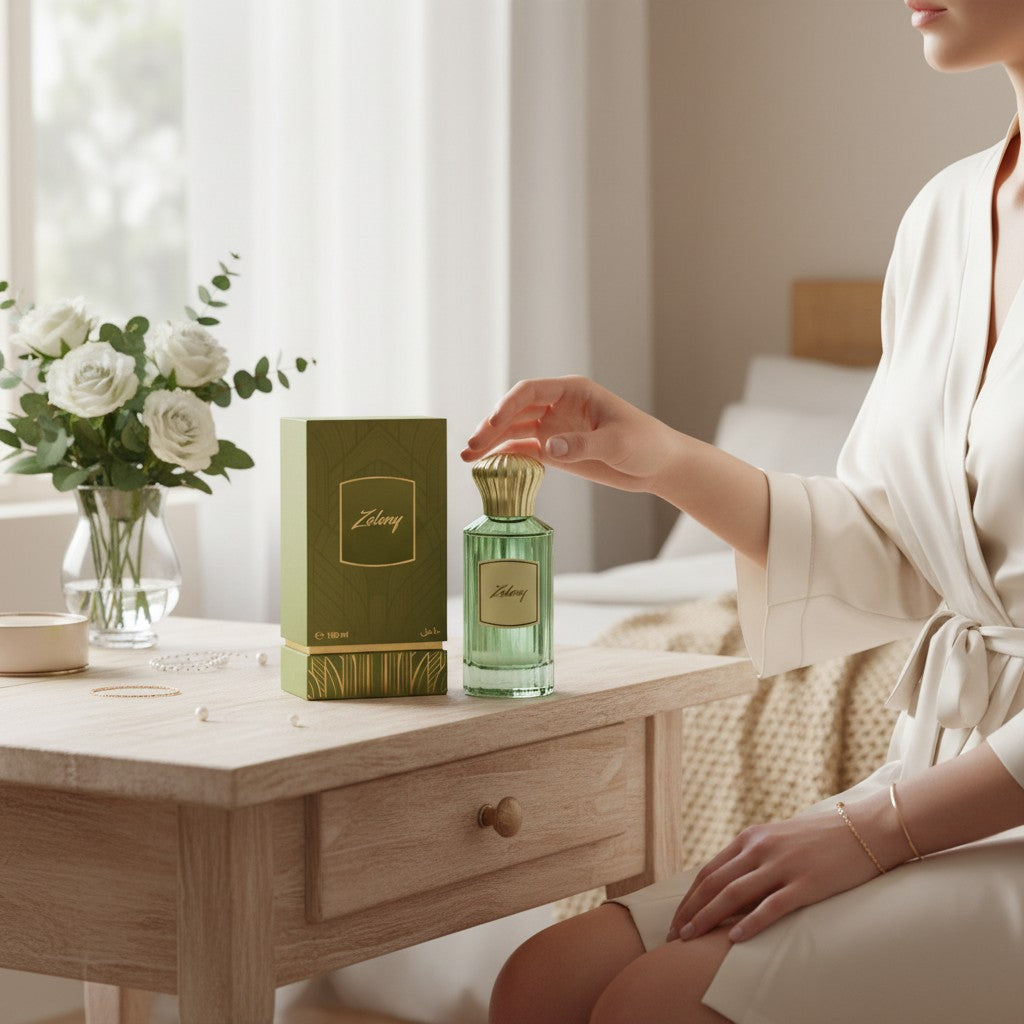 Oud Sera Ahmed Al Maghribi Zeleny perfume bottle and green box on a wooden table next to a woman in a silk robe