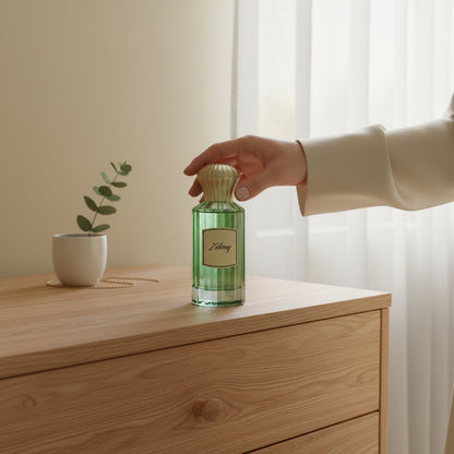 Oud Sera Ahmed Al Maghribi Zeleny perfume bottle with a green glass body and gold cap held by a hand on a wooden dresser.